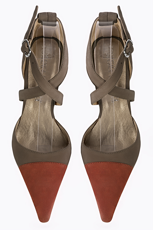 Terracotta orange and taupe brown women's open side shoes, with crossed straps. Pointed toe. Medium comma heels. Top view - Florence KOOIJMAN